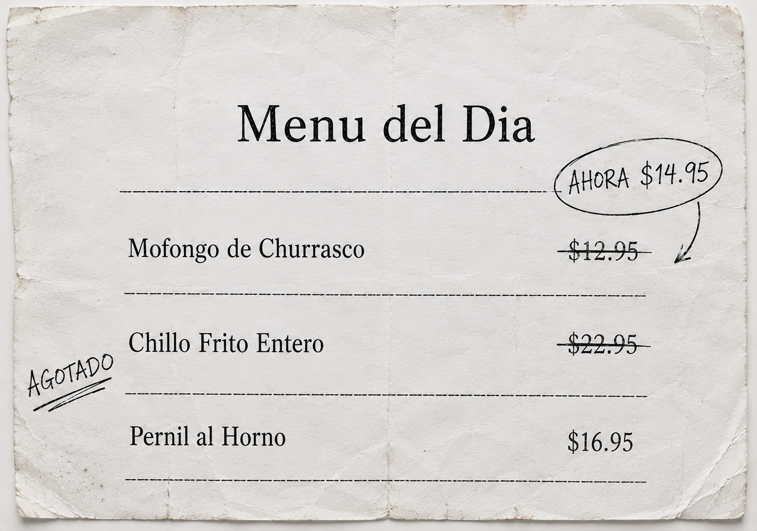 Un menú impreso viejo, con un precio tachado y un plato marcado como agotado